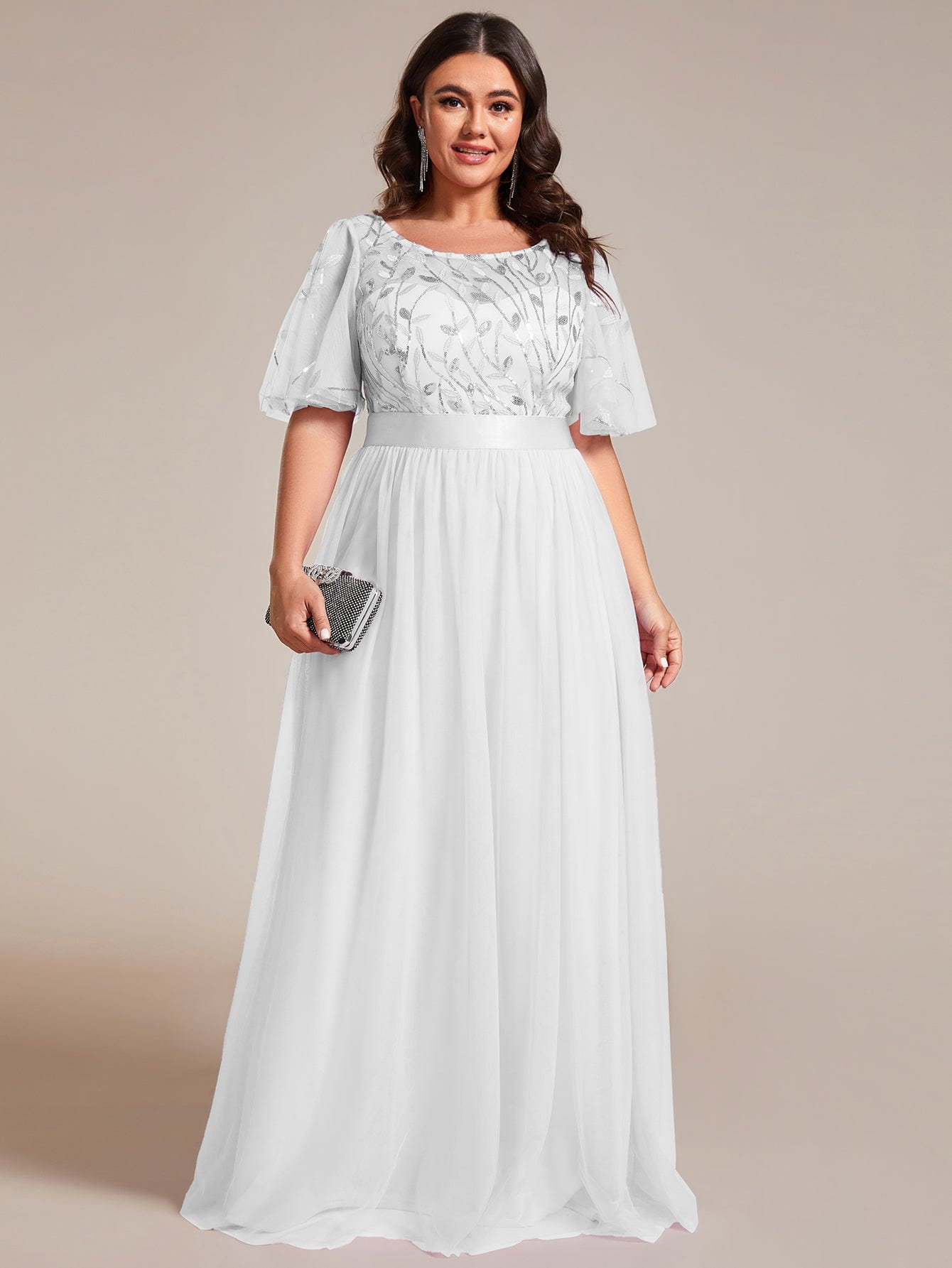 Plus Size Women's Embroidery Bridesmaid Dress with Short Sleeve #color_White