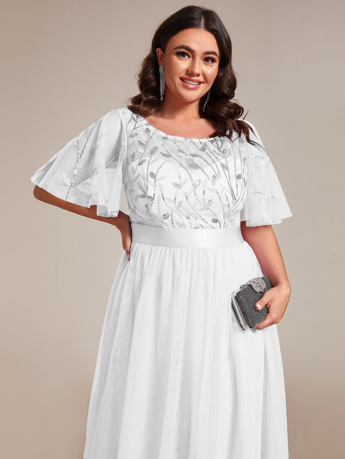 Plus Size Women's Embroidery Bridesmaid Dress with Short Sleeve #color_White