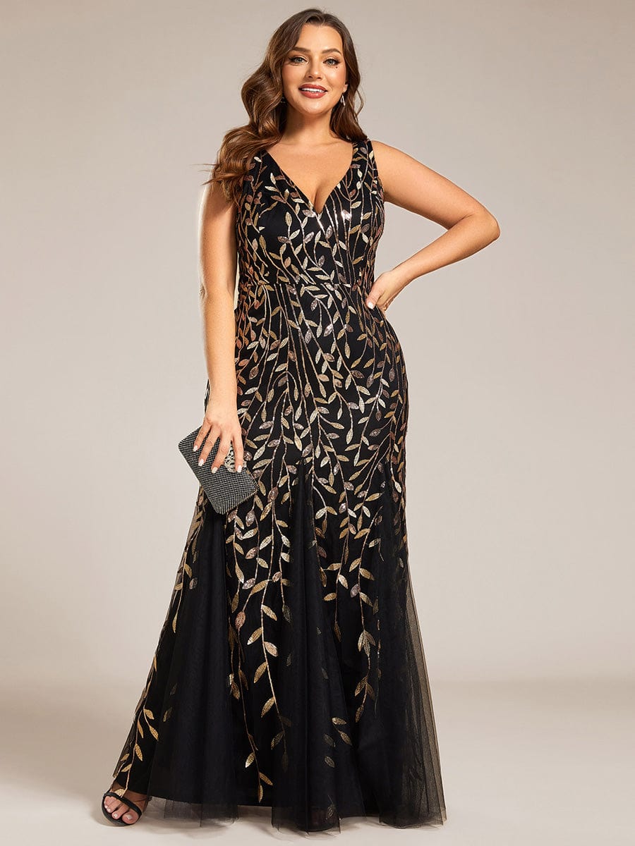 Plus Size Women's V-Neck Fishtail Seuqin Evening Dress #color_Black & Gold