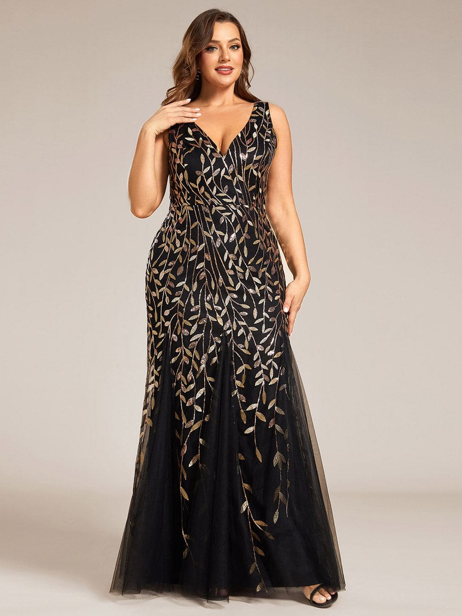 Plus Size Women's V-Neck Fishtail Seuqin Evening Dress #color_Black & Gold