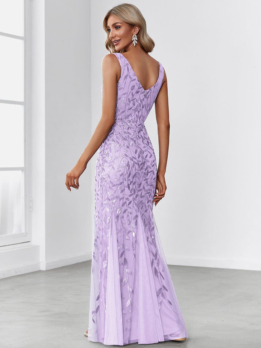 Women's Double V-Neck Fishtail Seuqin Evening Dress #color_Lavender