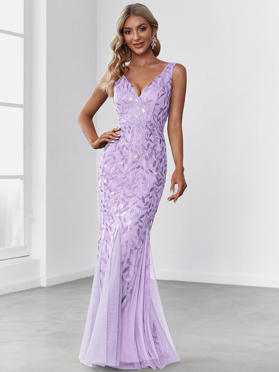 Women's Double V-Neck Fishtail Seuqin Evening Dress #color_Lavender