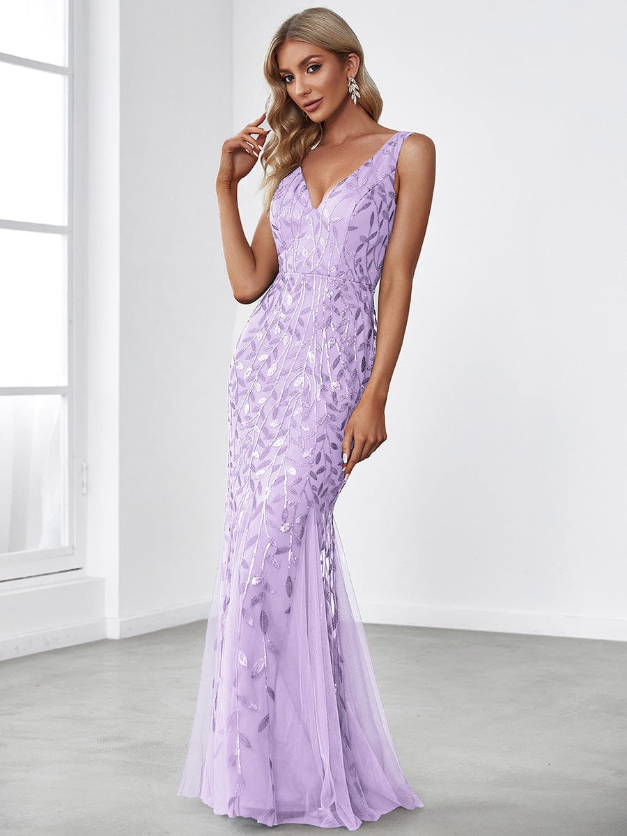 Women's Double V-Neck Fishtail Seuqin Evening Dress #color_Lavender