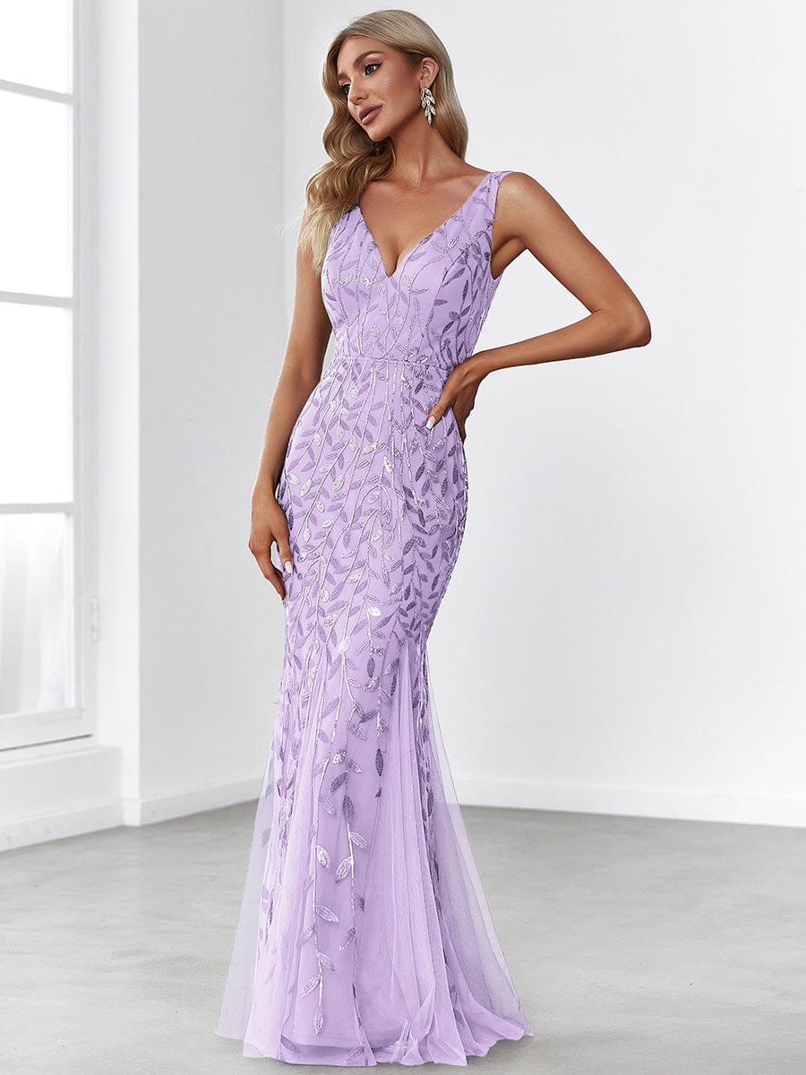 Women's Double V-Neck Fishtail Seuqin Evening Dress #color_Lavender