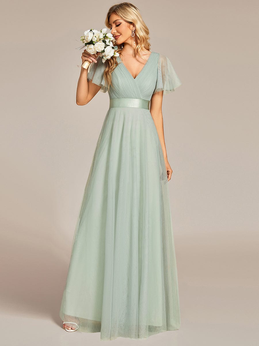 Double V-Neck Tulle Floor-Length Bridesmaid Dress #color_Mint Green