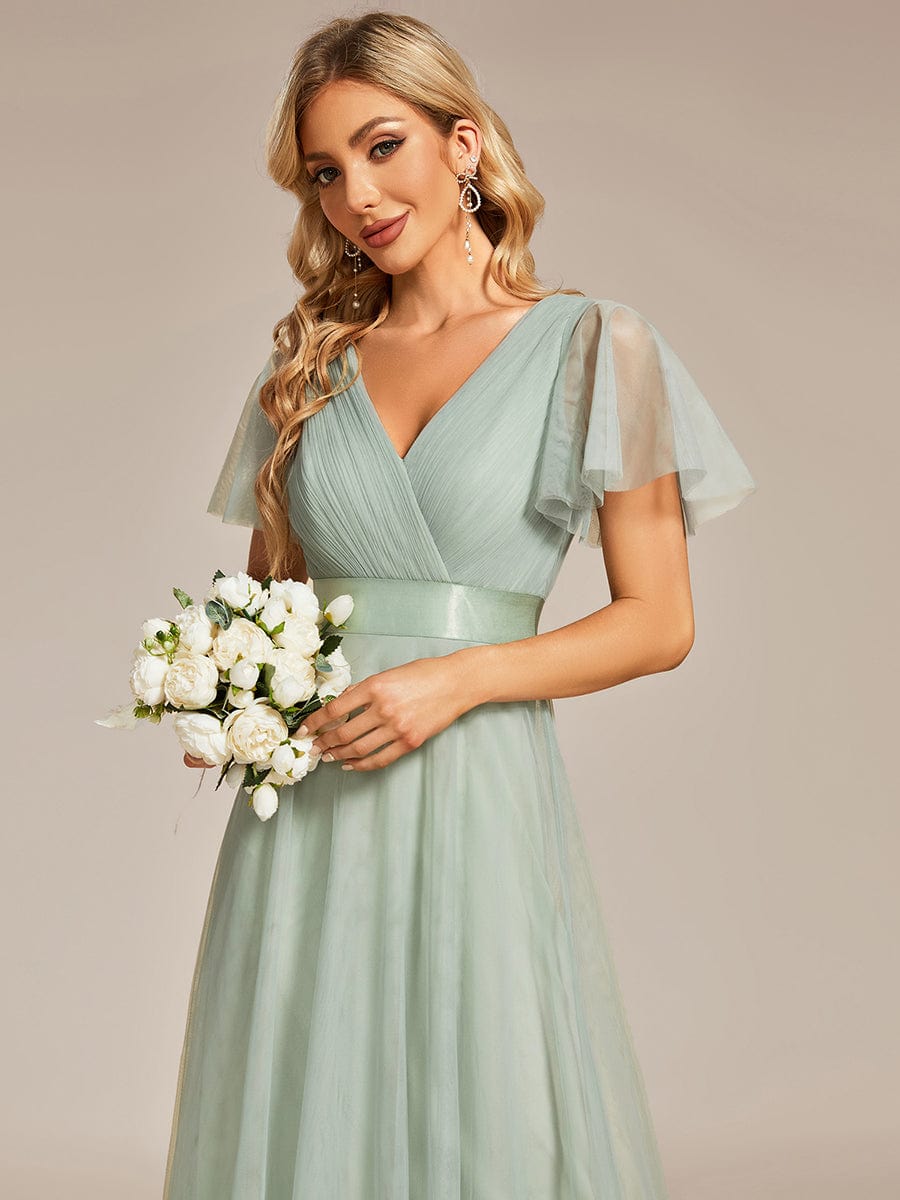 Double V-Neck Tulle Floor-Length Bridesmaid Dress #color_Mint Green