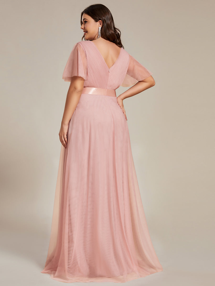 Double V-Neck Tulle Floor-Length Bridesmaid Dress #color_Pink