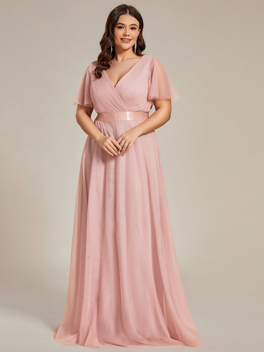 Double V-Neck Tulle Floor-Length Bridesmaid Dress #color_Pink