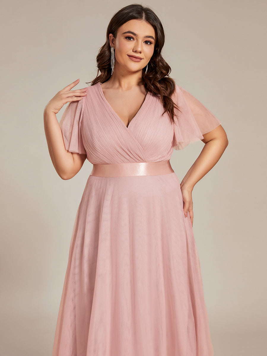 Double V-Neck Tulle Floor-Length Bridesmaid Dress #color_Pink