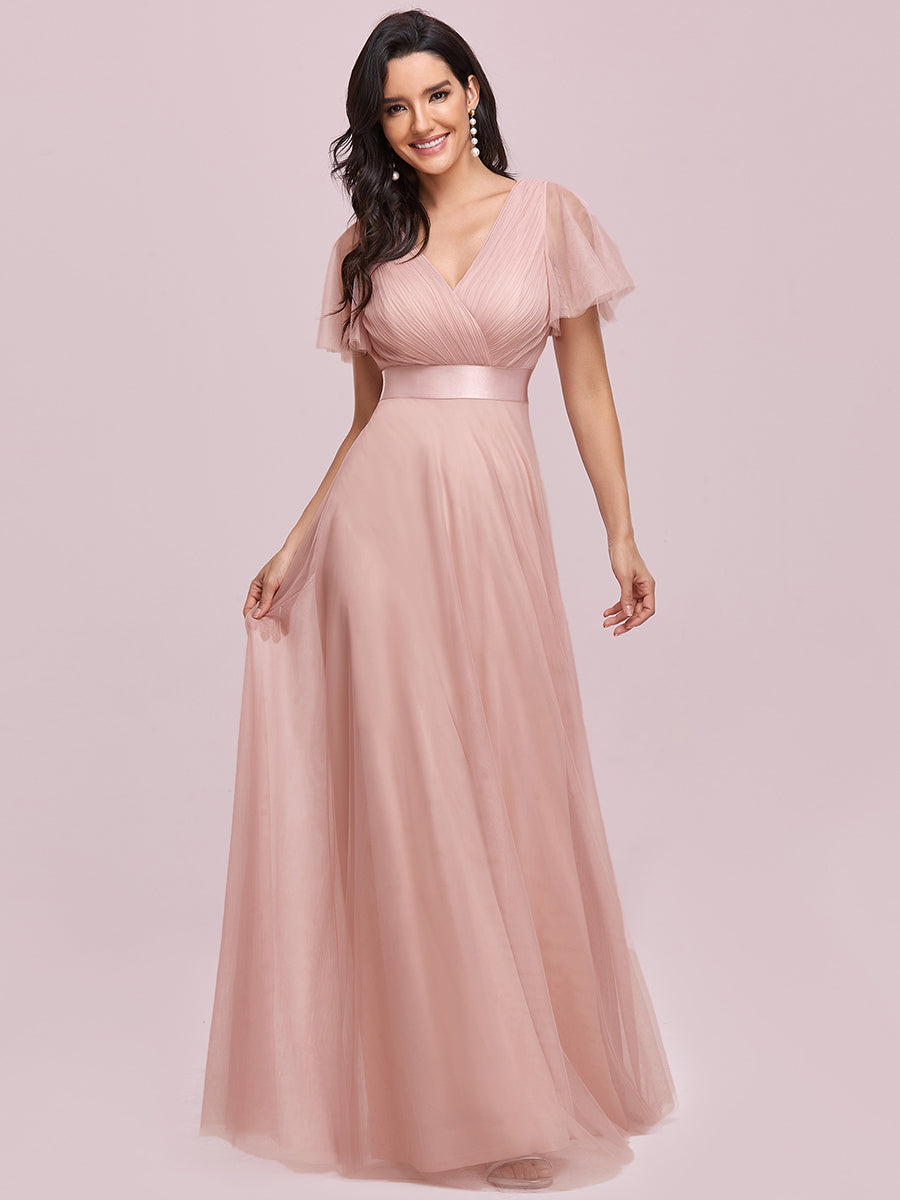 Double V-Neck Tulle Floor-Length Bridesmaid Dress #color_Pink