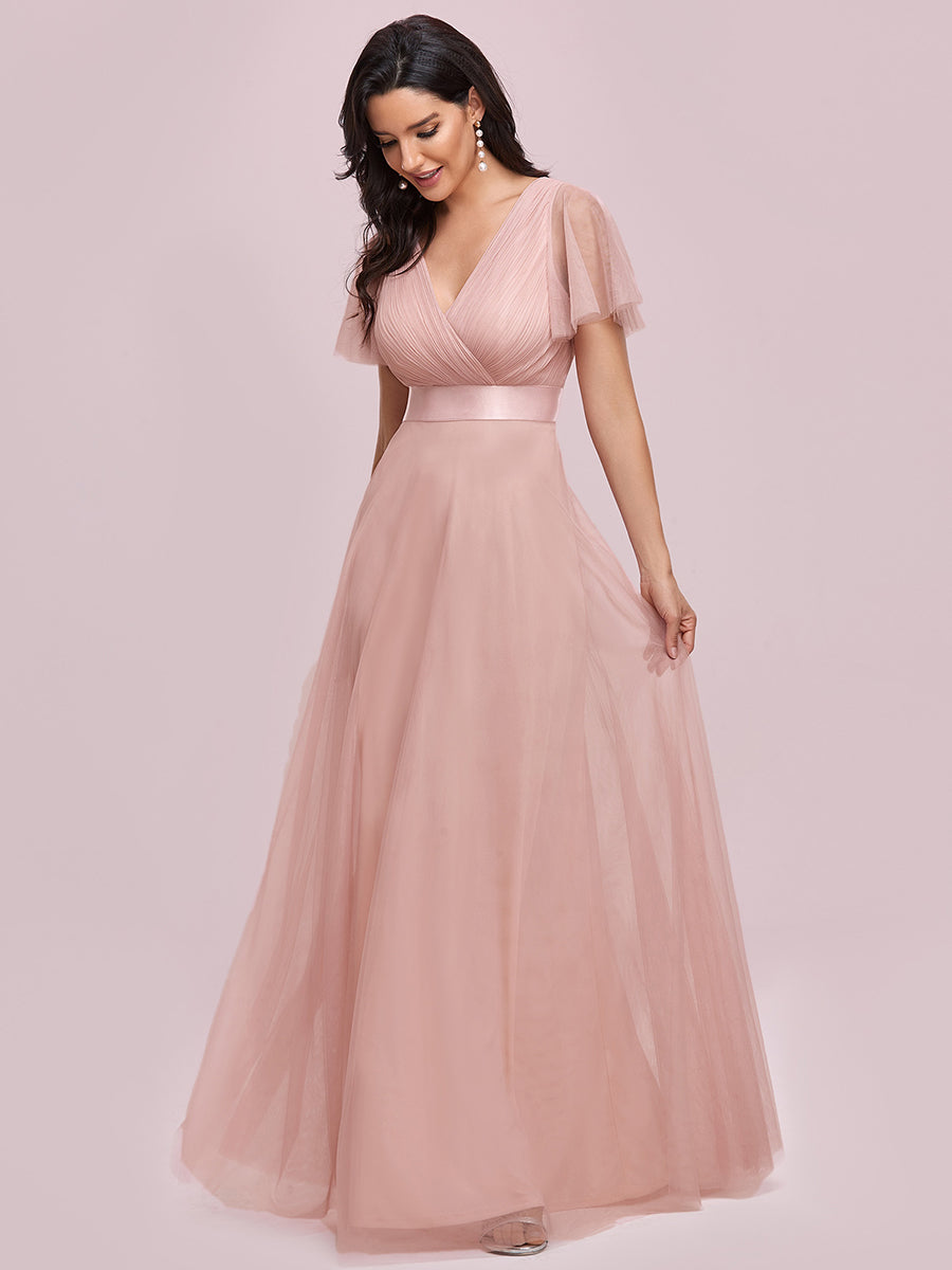 Double V-Neck Tulle Floor-Length Bridesmaid Dress #color_Pink