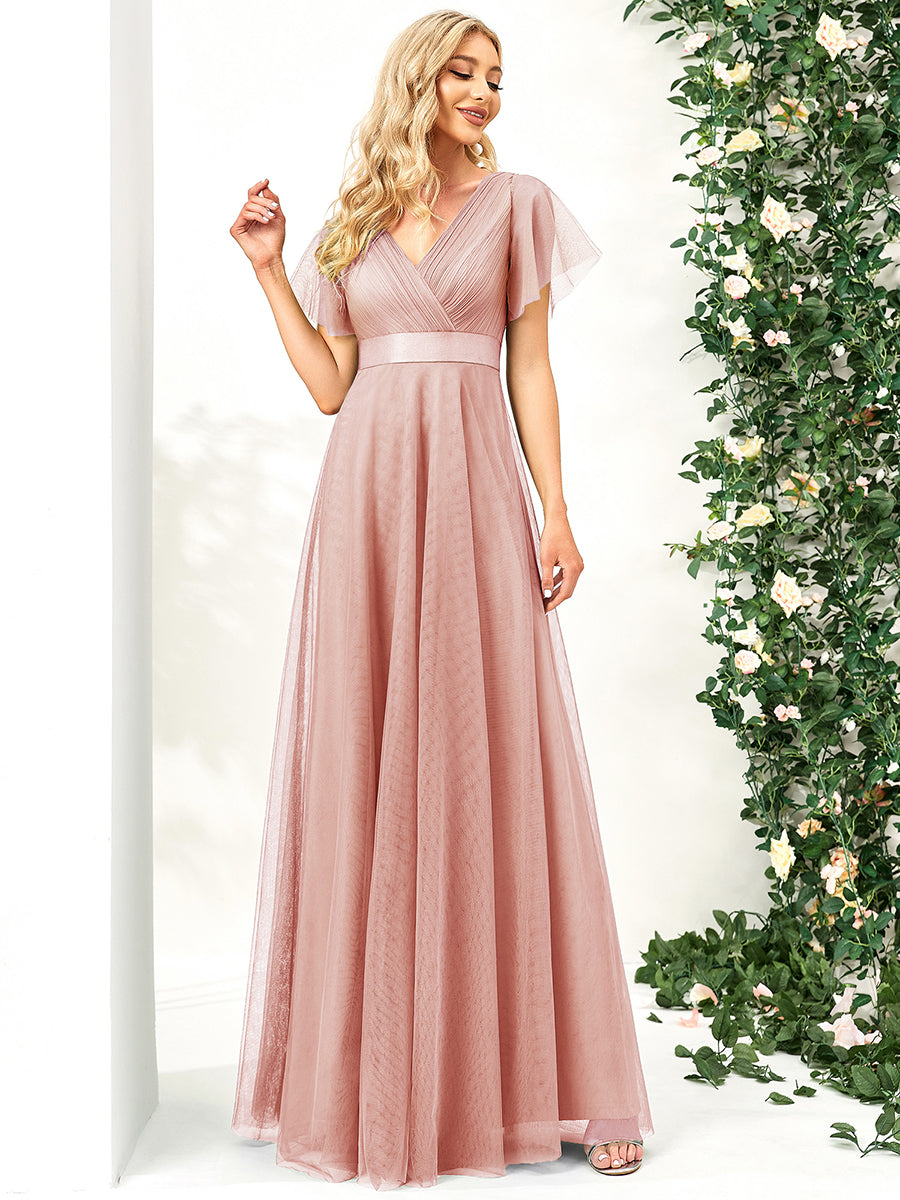 Double V-Neck Tulle Floor-Length Bridesmaid Dress #color_Pink