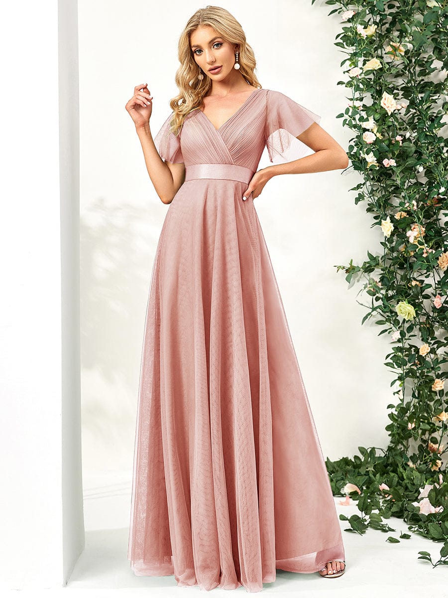 Double V-Neck Tulle Floor-Length Bridesmaid Dress #color_Pink