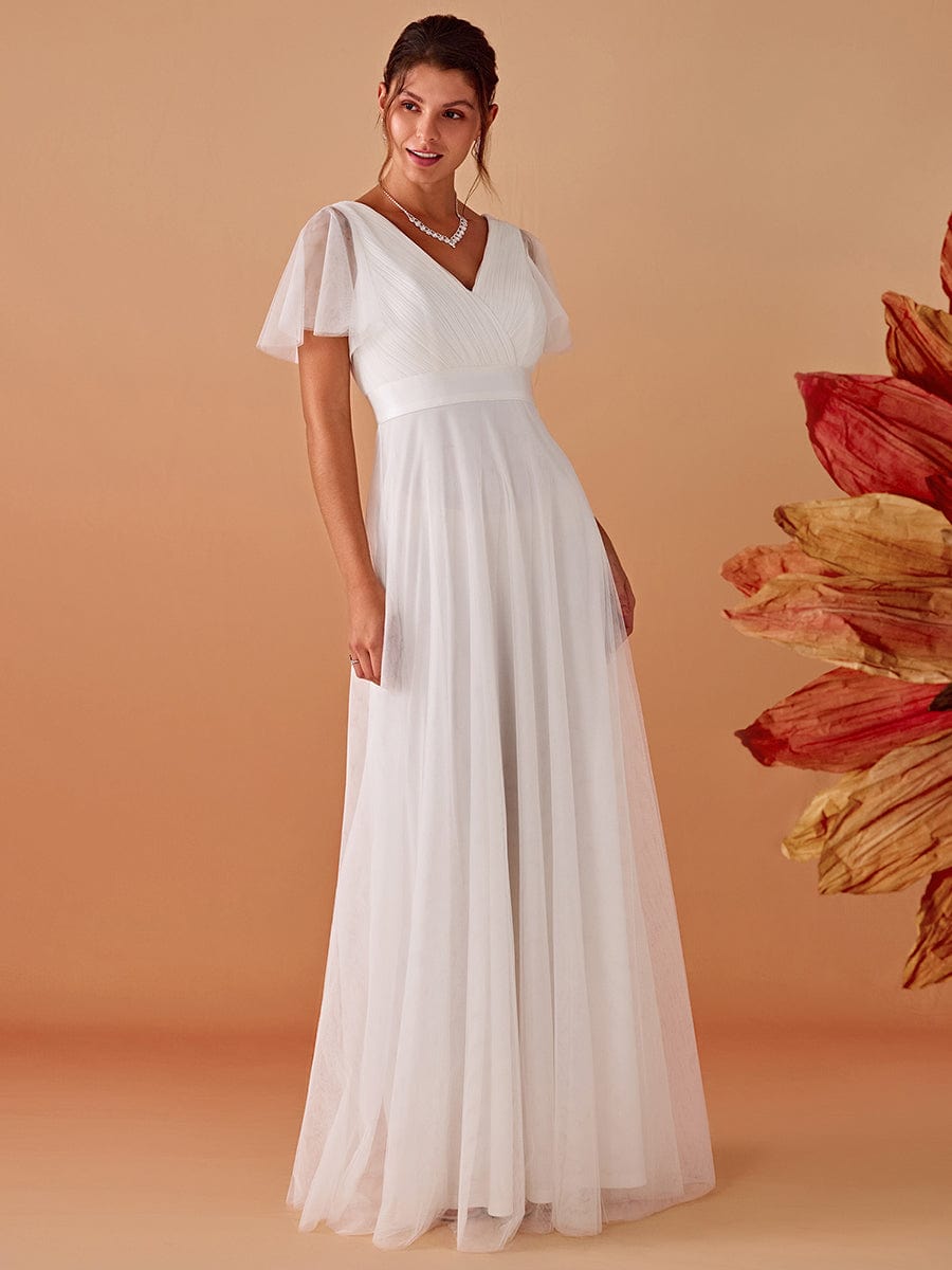 Double V-Neck Tulle Floor-Length Bridesmaid Dress #color_White