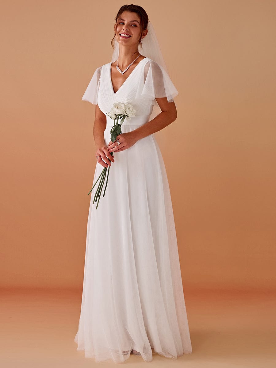 Double V-Neck Tulle Floor-Length Bridesmaid Dress #color_White