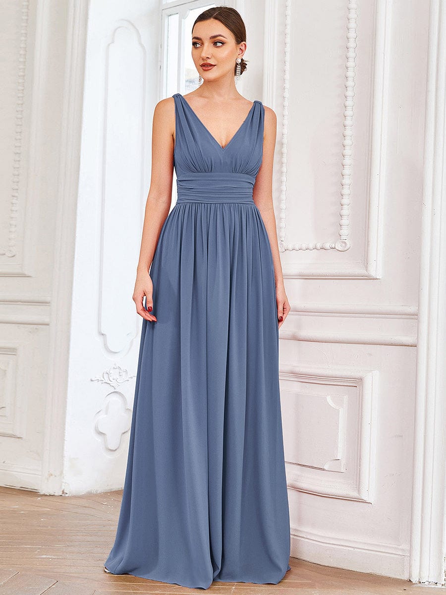 Elegant V Neck A Line Chiffon Maxi Bridesamid Dresses #color_Dusty Blue