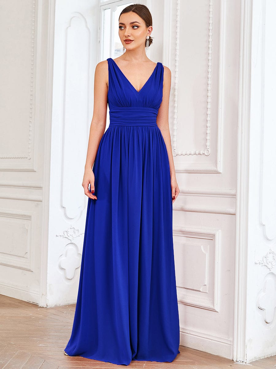 Custom Size V Neck Sleeveless Pleated Chiffon Evening Dress#color_Sapphire Blue