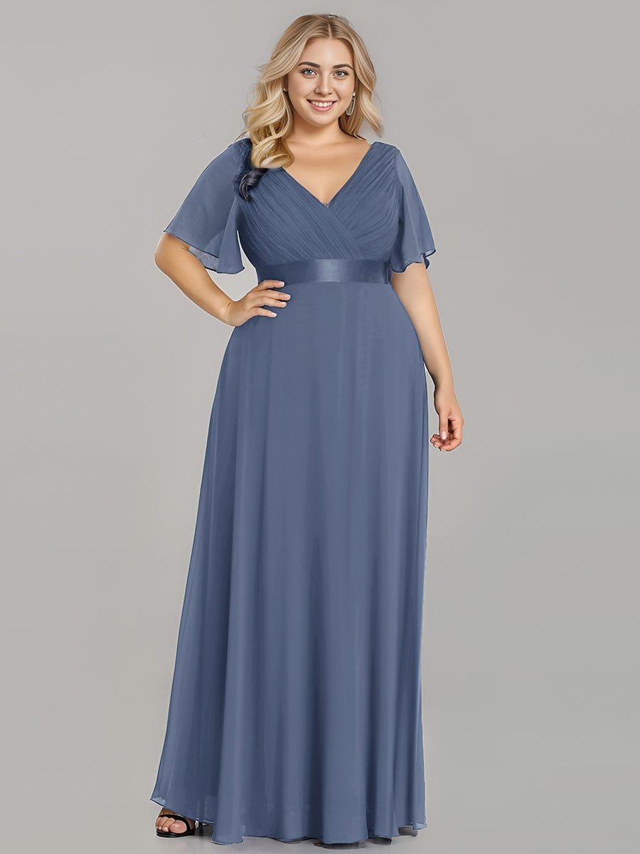 Long Empire Waist Bridesmaid Dress with Short Flutter Sleeves #color_Dusty Blue