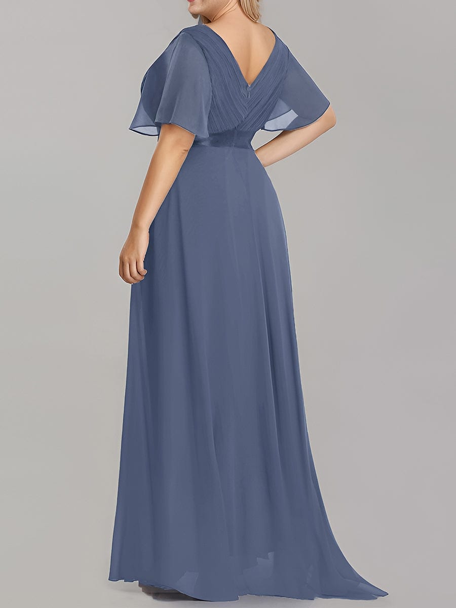 Long Empire Waist Bridesmaid Dress with Short Flutter Sleeves #color_Dusty Blue