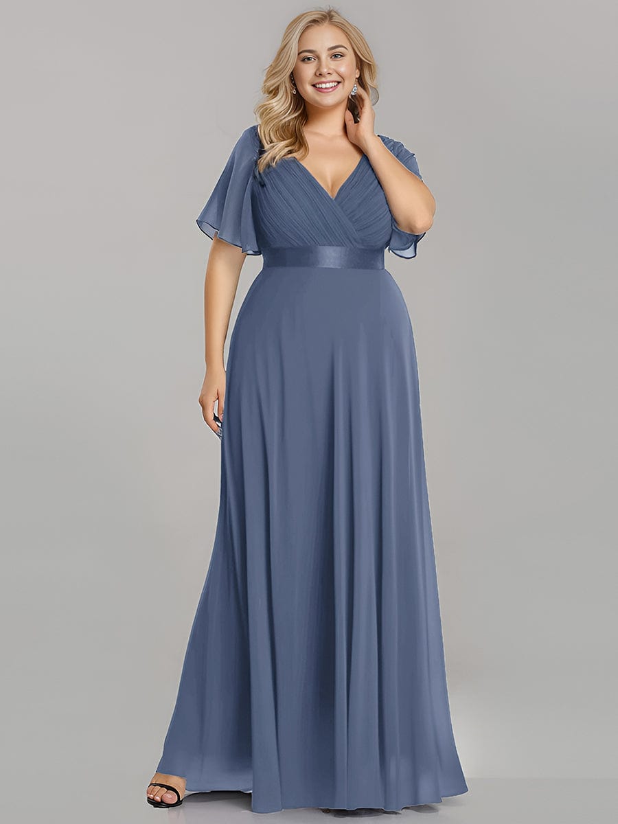 Long Empire Waist Bridesmaid Dress with Short Flutter Sleeves #color_Dusty Blue