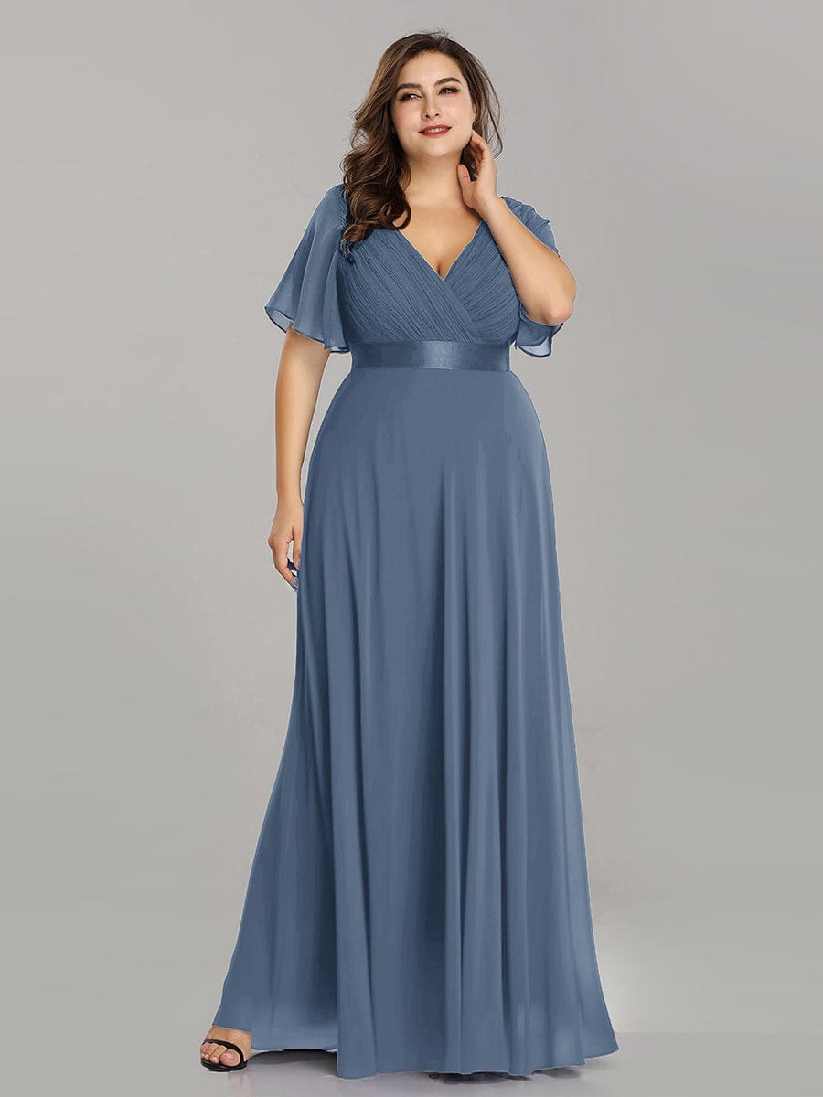 Plus Size Long Empire Waist Bridesmaid Dress with Short Flutter Sleeves #color_Dusty Navy