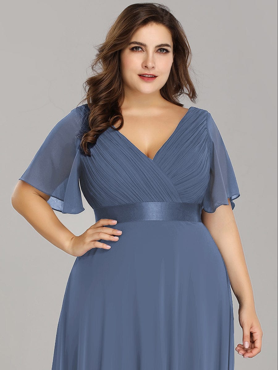 Long Empire Waist Bridesmaid Dress with Short Flutter Sleeves #color_Dusty Blue