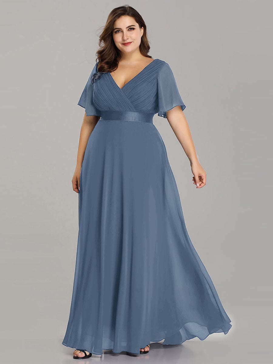 Plus Size Long Empire Waist Bridesmaid Dress with Short Flutter Sleeves #color_Dusty Navy