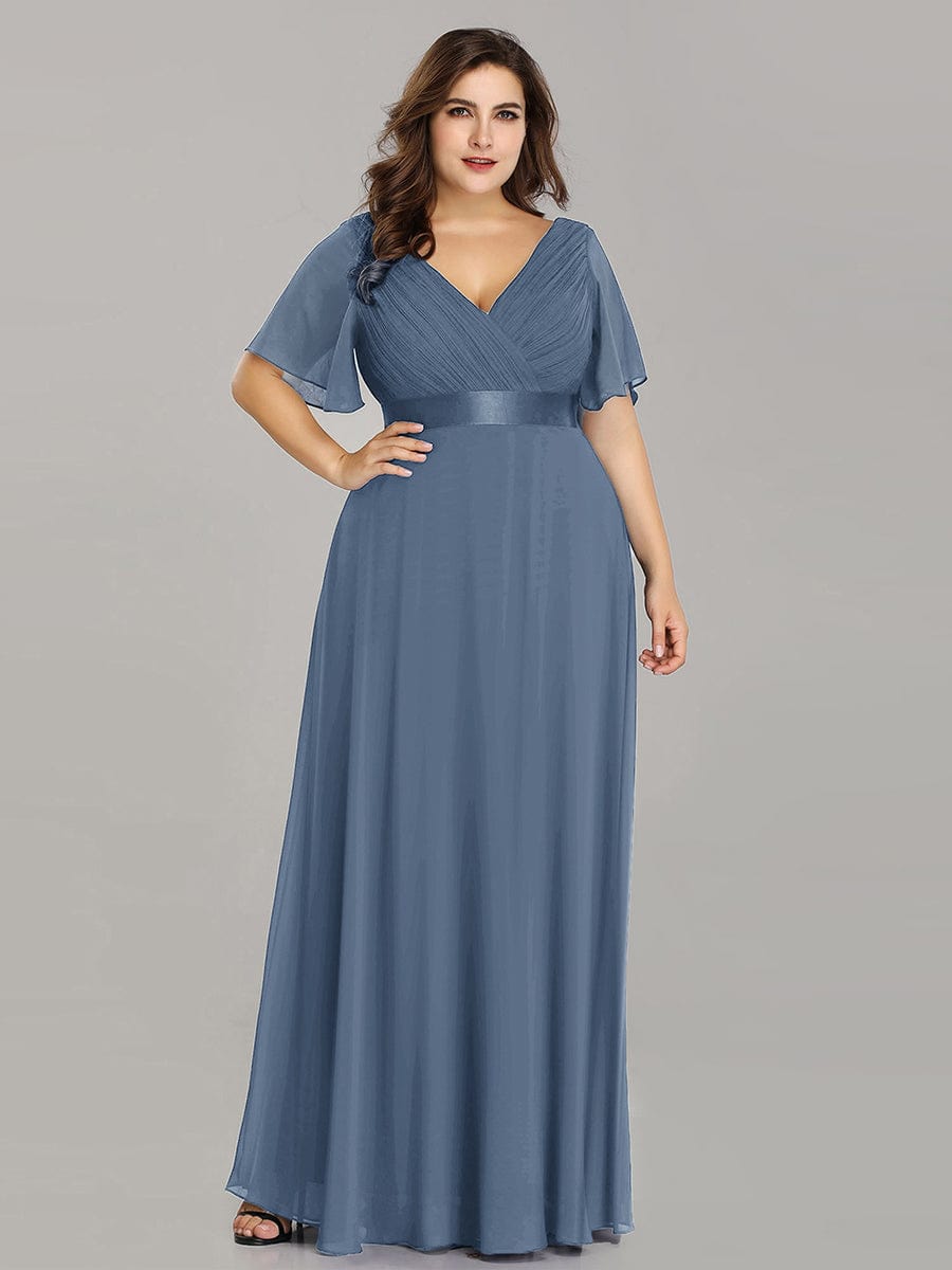 Plus Size Long Empire Waist Bridesmaid Dress with Short Flutter Sleeves #color_Dusty Blue