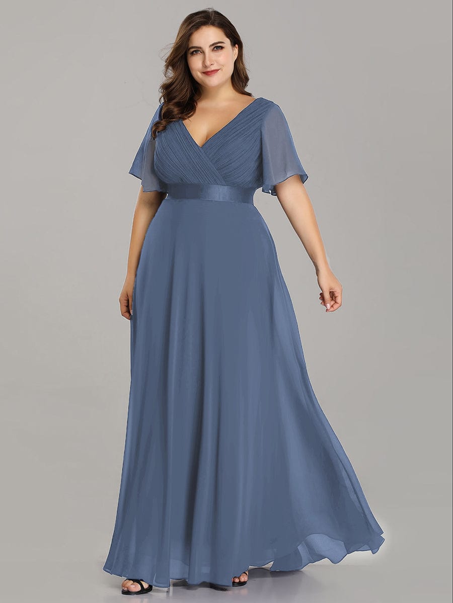 Long Empire Waist Bridesmaid Dress with Short Flutter Sleeves #color_Dusty Blue