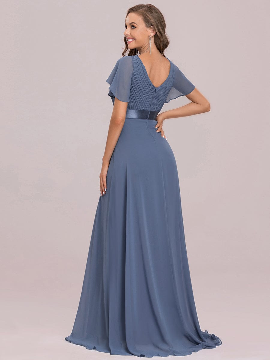 Long Empire Waist Bridesmaid Dress with Short Flutter Sleeves #color_Dusty Blue