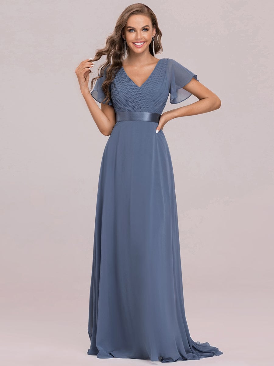 Long Empire Waist Bridesmaid Dress with Short Flutter Sleeves #color_Dusty Blue