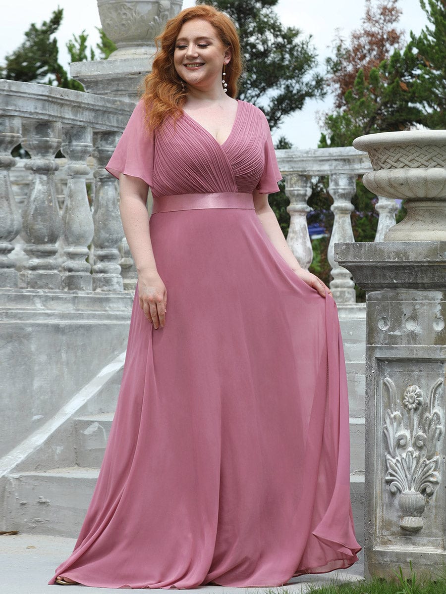 Long Empire Waist Bridesmaid Dress with Short Flutter Sleeves #color_Purple Orchid