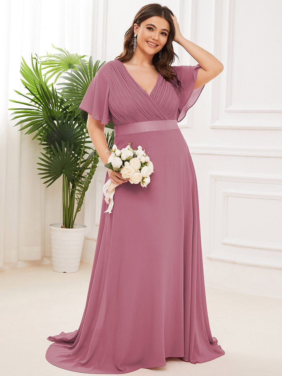 Long Empire Waist Bridesmaid Dress with Short Flutter Sleeves #color_Purple Orchid