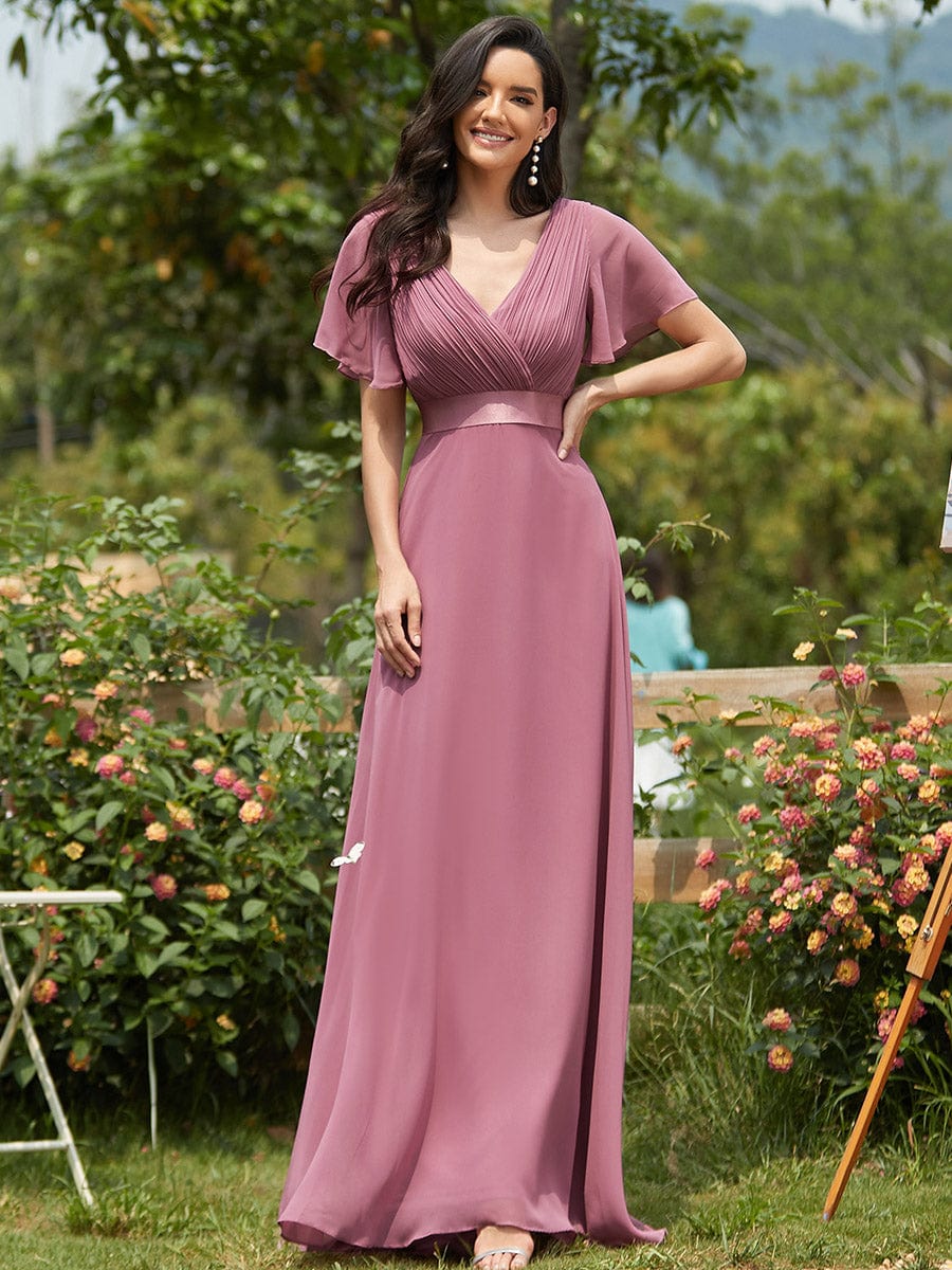 Long Empire Waist Bridesmaid Dress with Short Flutter Sleeves #color_Purple Orchid