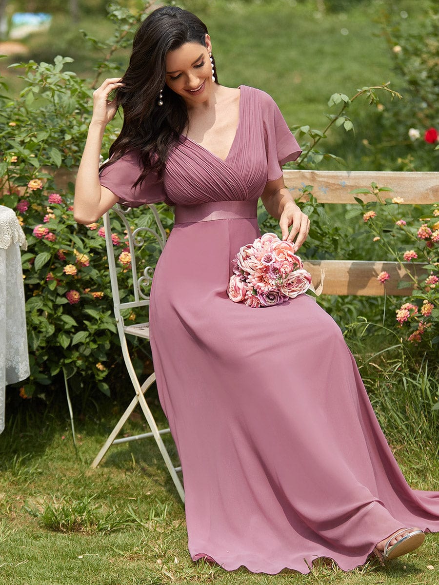 Long Empire Waist Bridesmaid Dress with Short Flutter Sleeves #color_Purple Orchid