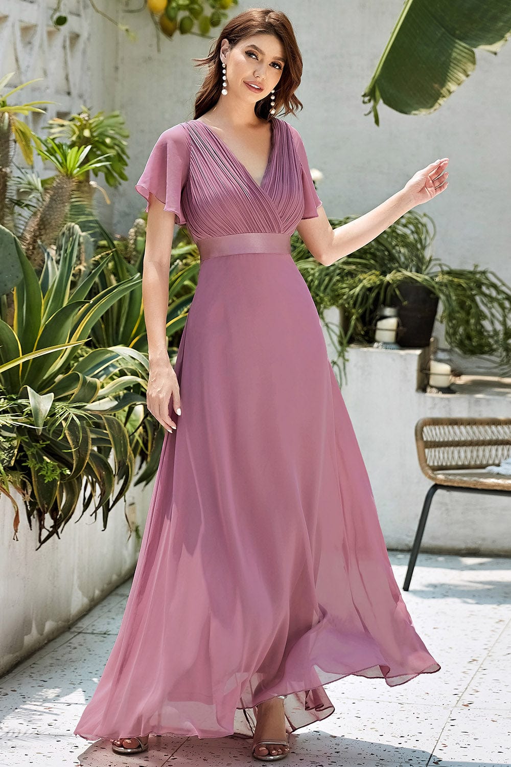 Long Empire Waist Bridesmaid Dress with Short Flutter Sleeves #color_Purple Orchid