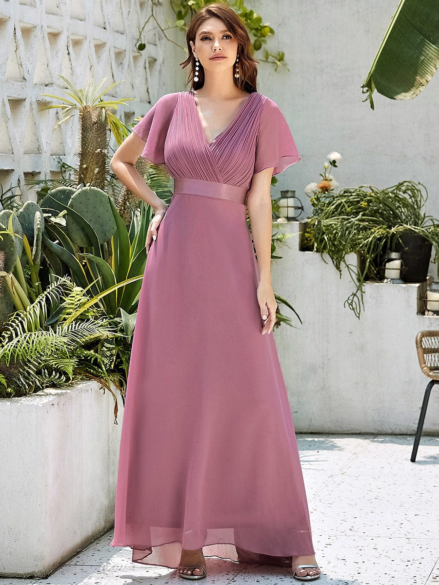 Long Empire Waist Bridesmaid Dress with Short Flutter Sleeves #color_Purple Orchid