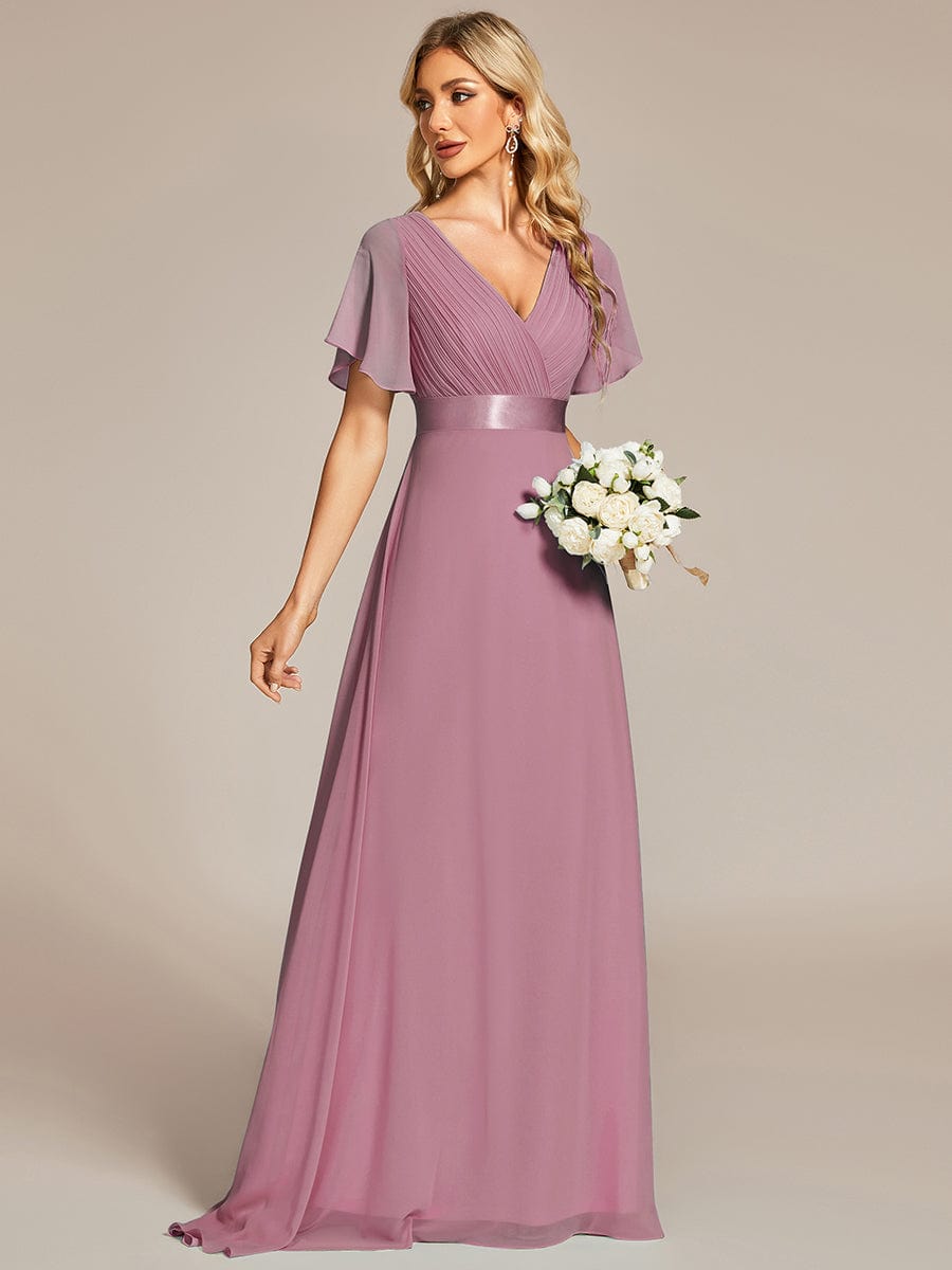 Long Empire Waist Bridesmaid Dress with Short Flutter Sleeves #color_Purple Orchid