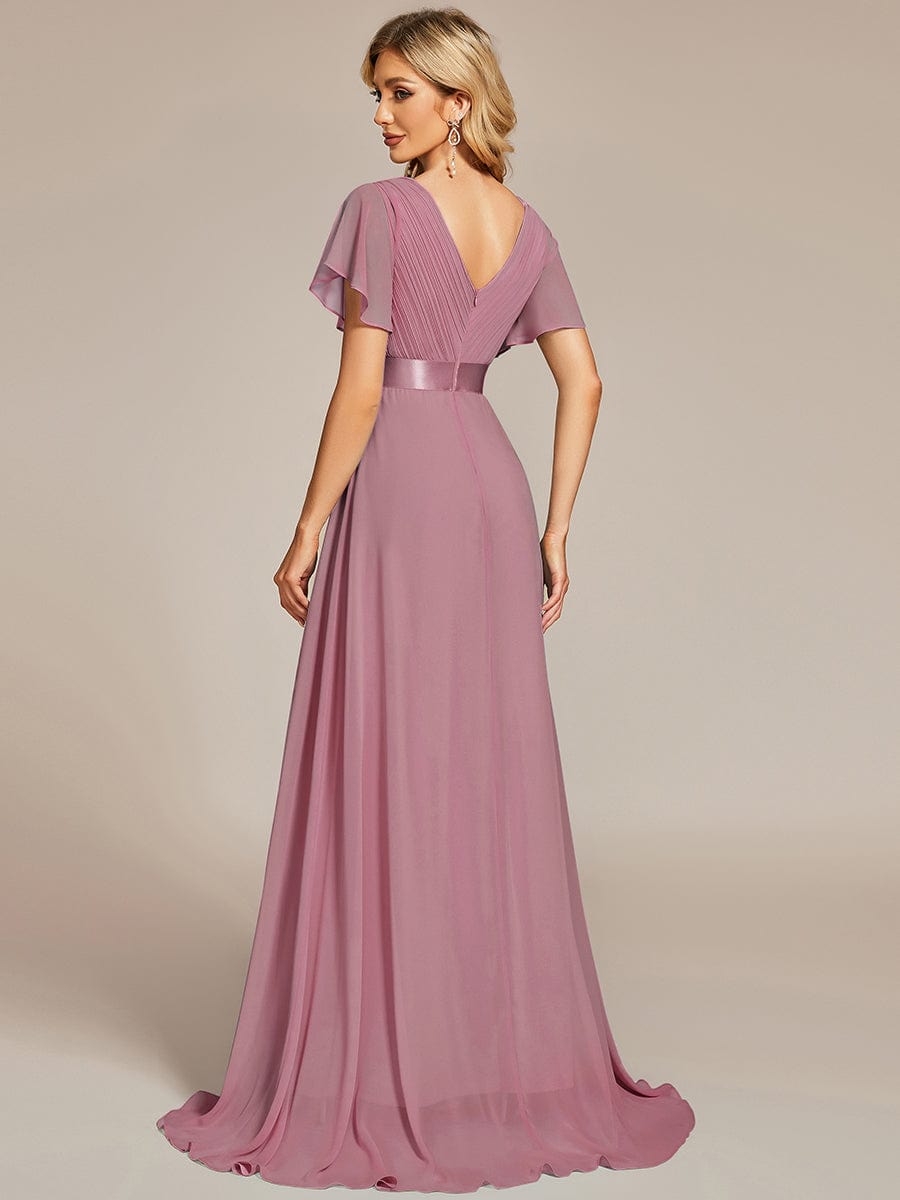 Long Empire Waist Bridesmaid Dress with Short Flutter Sleeves #color_Purple Orchid