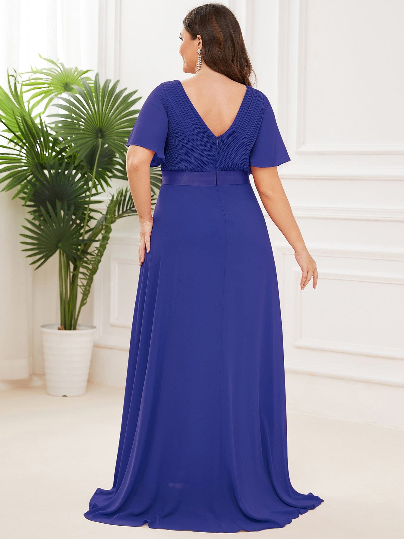 High Waist Short Sleeves Bridesmaid Dress #color_Sapphire Blue