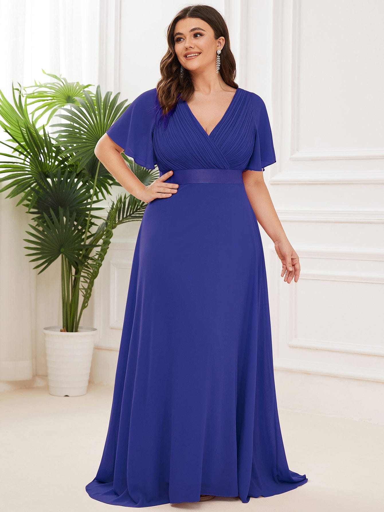 High Waist Short Sleeves Bridesmaid Dress #color_Sapphire Blue