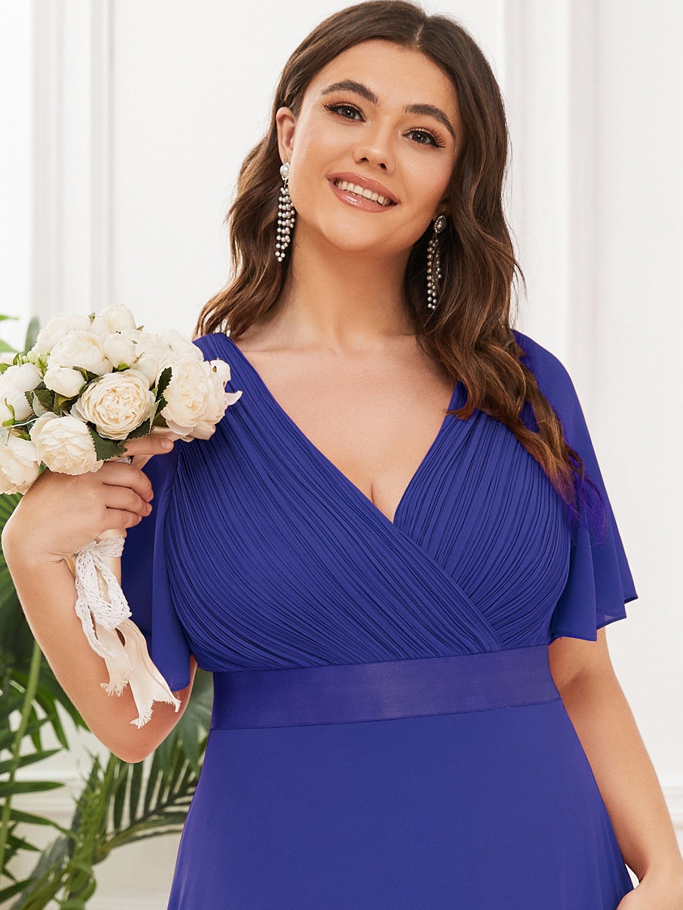 High Waist Short Sleeves Bridesmaid Dress #color_Sapphire Blue