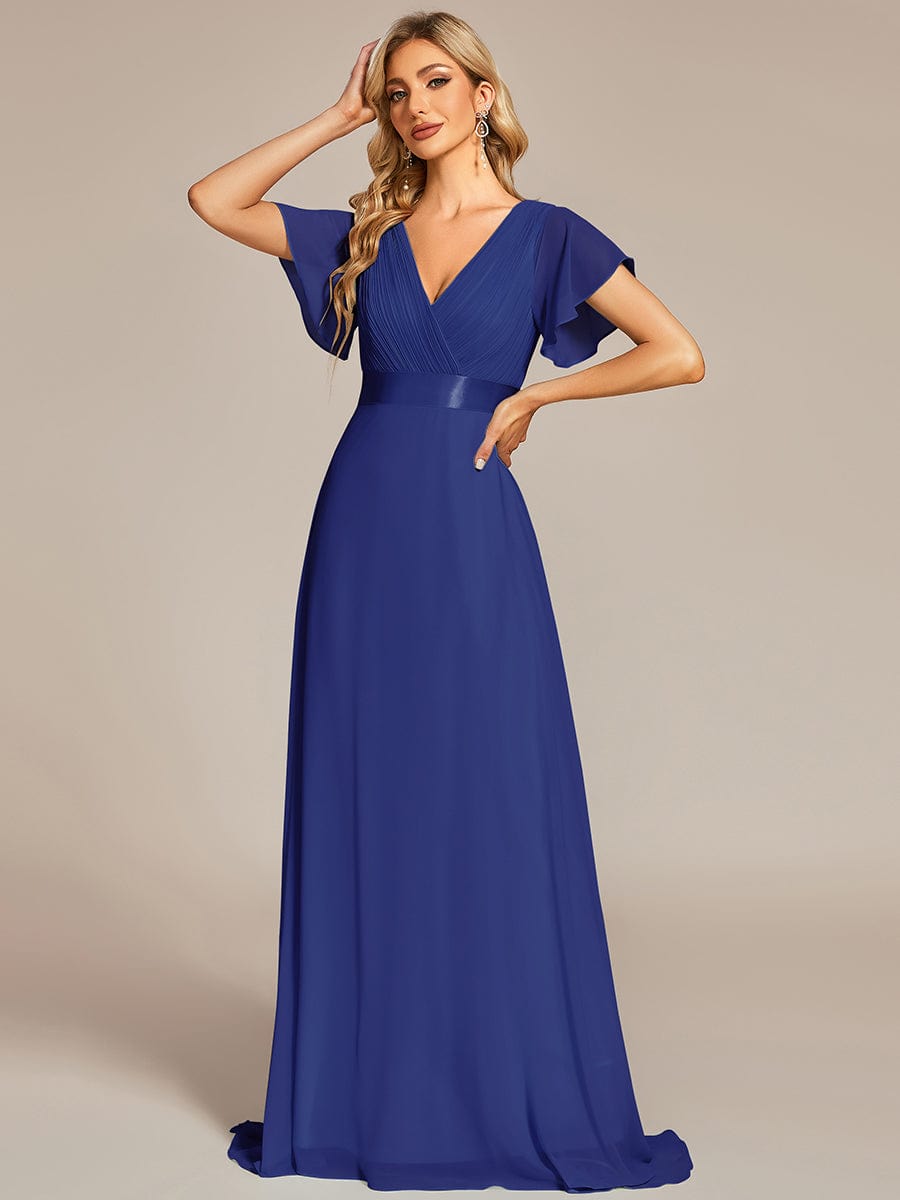 High Waist Short Sleeves Bridesmaid Dress #color_Sapphire Blue