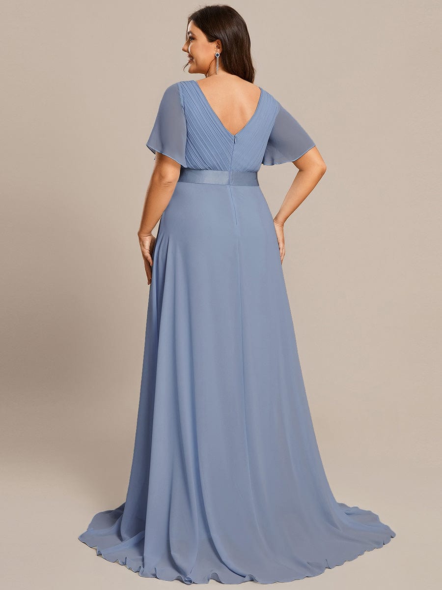 Custom Size V-neck Empire Waist Maxi Bridesmaid Dress with Short Sleeves #color_Slate Blue