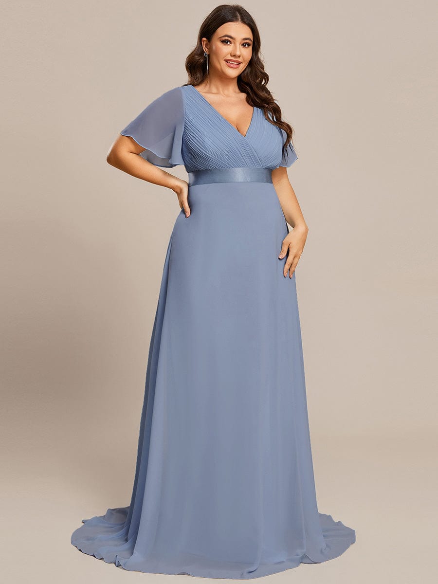 Custom Size V-neck Empire Waist Maxi Bridesmaid Dress with Short Sleeves #color_Slate Blue