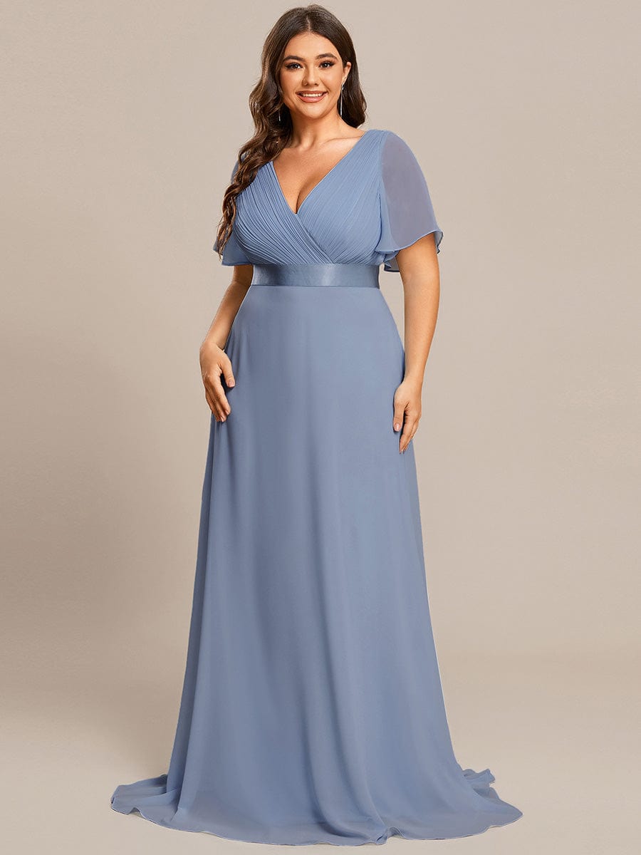 Custom Size V-neck Empire Waist Maxi Bridesmaid Dress with Short Sleeves #color_Slate Blue