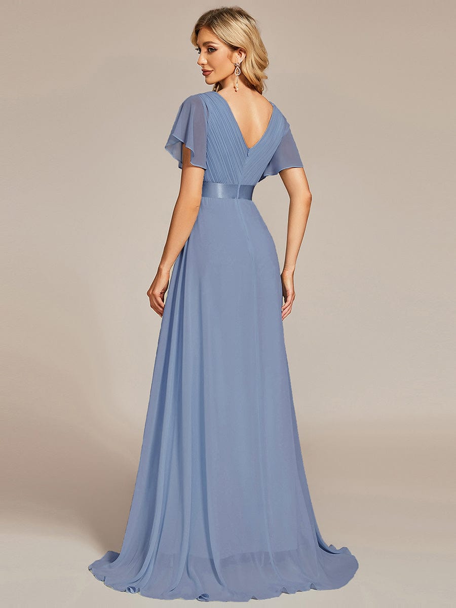 Custom Size V-neck Empire Waist Maxi Bridesmaid Dress with Short Sleeves #color_Slate Blue