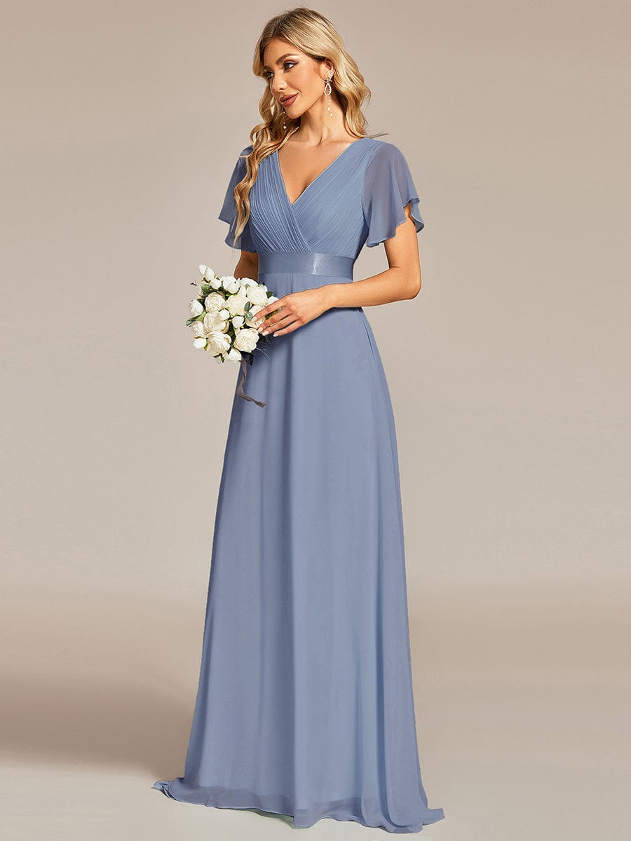 Custom Size V-neck Empire Waist Maxi Bridesmaid Dress with Short Sleeves #color_Slate Blue