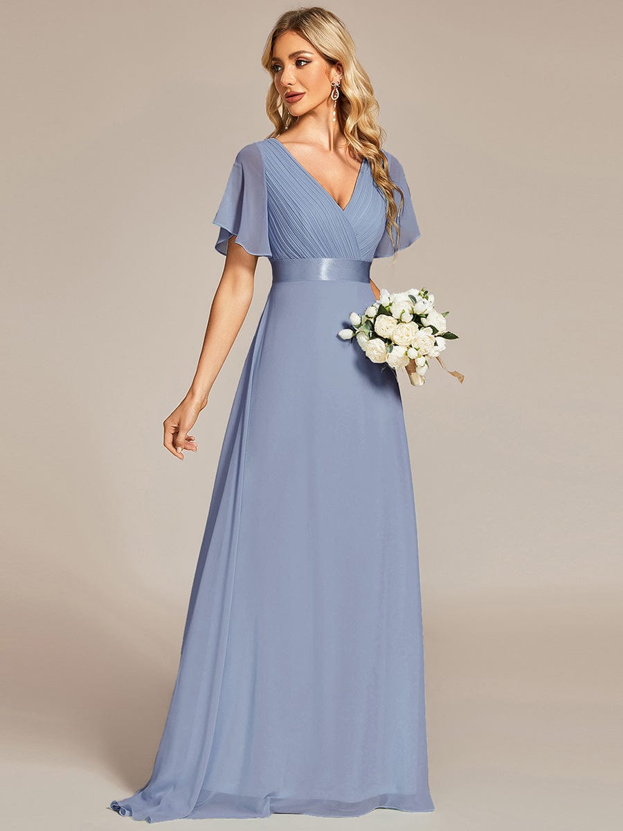 Custom Size V-neck Empire Waist Maxi Bridesmaid Dress with Short Sleeves #color_Slate Blue