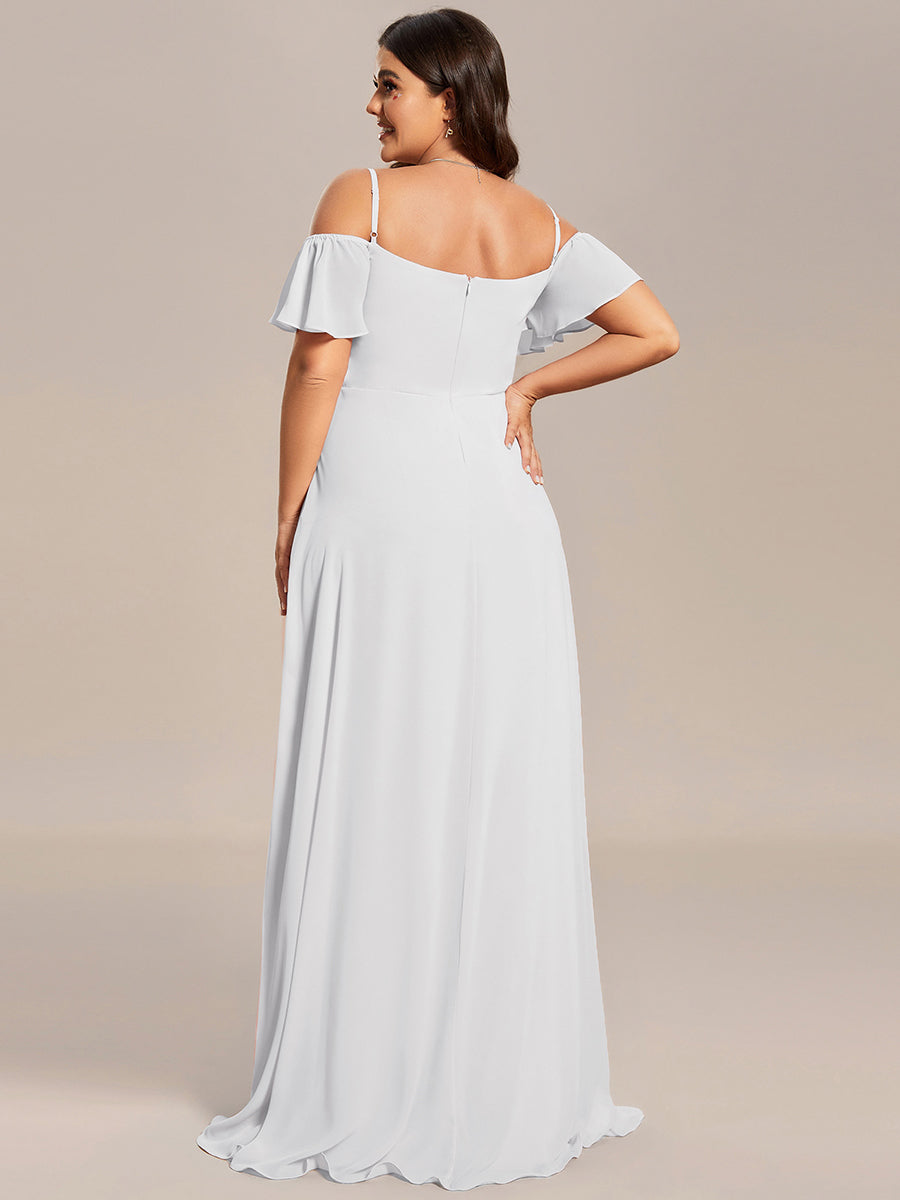 Stylish Cold-Shoulder Floor Length Bridesmaid Dress with Side Slit #color_White